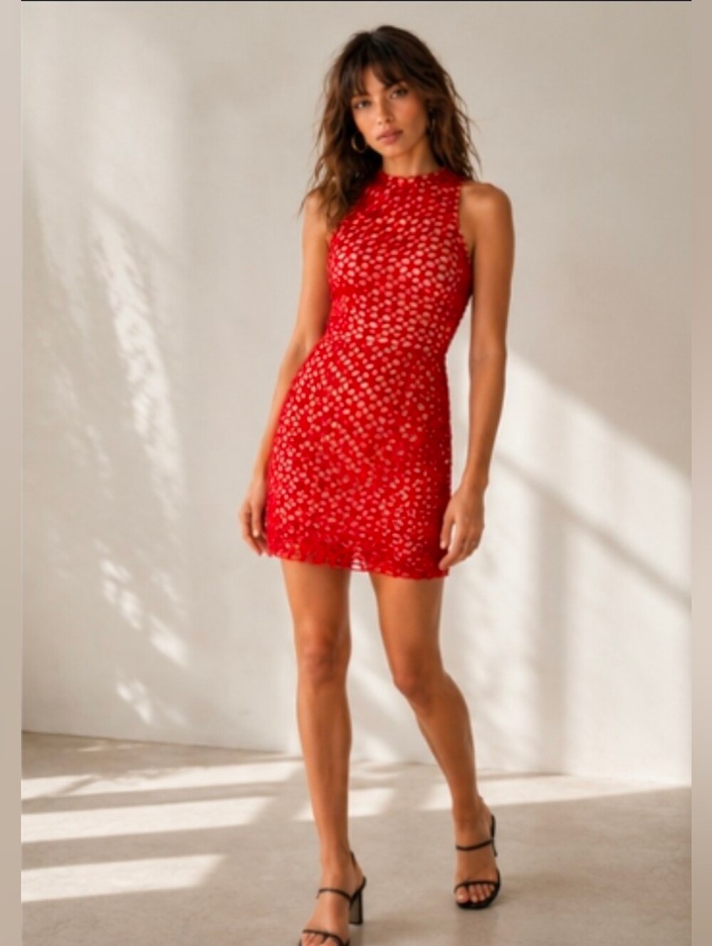 Free People X Cooper Street Karlie Mini Dress Size 8 Crochet Net Red Nude NWOT